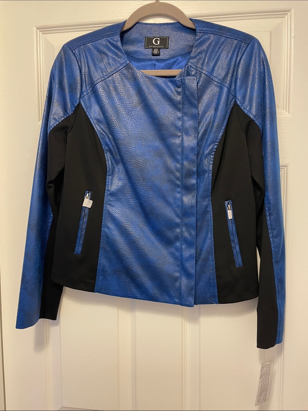 G by Giuliana Electric Royal Blue and Black Faux Leather Moto Jacket